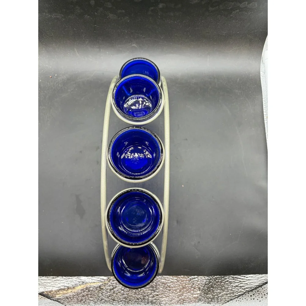 Cobalt Blue Glass Votive Candle Holder Set 5 Cup Arched Silver Metal Stand 12in